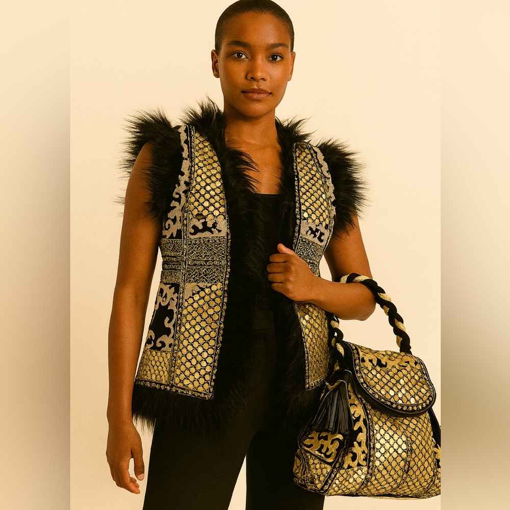 Chic Black and Gold Vest and Tote Bag Set